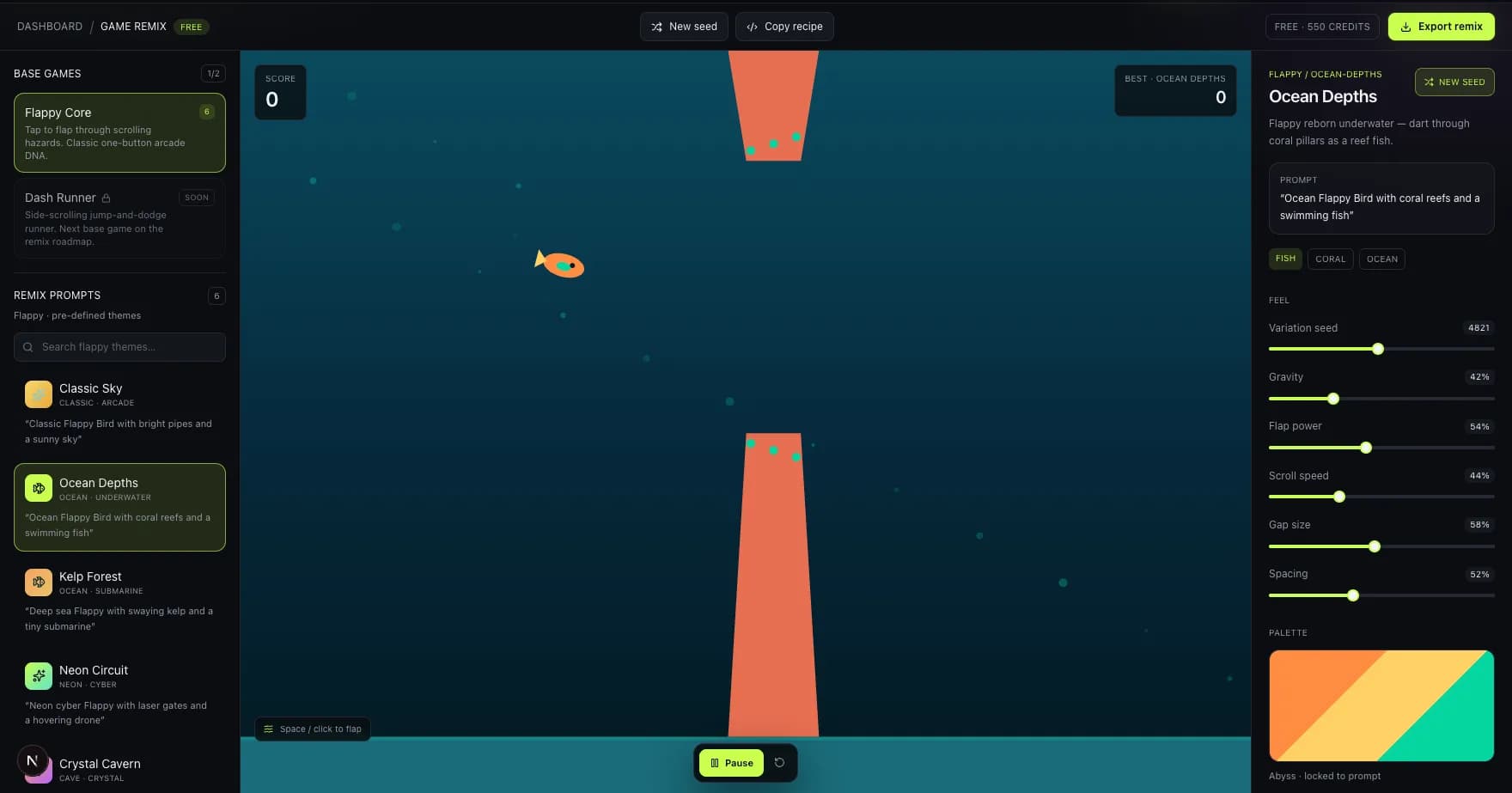 Game Remix Ocean Depths theme showing Flappy Core with a swimming fish, coral hazards, base-game picker, remix prompts, and feel controls