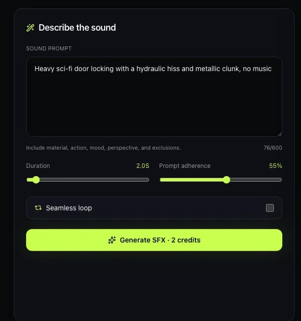 Close-up of Audio Lab sound prompt, duration slider, prompt adherence slider, seamless-loop toggle, and two-credit generate button