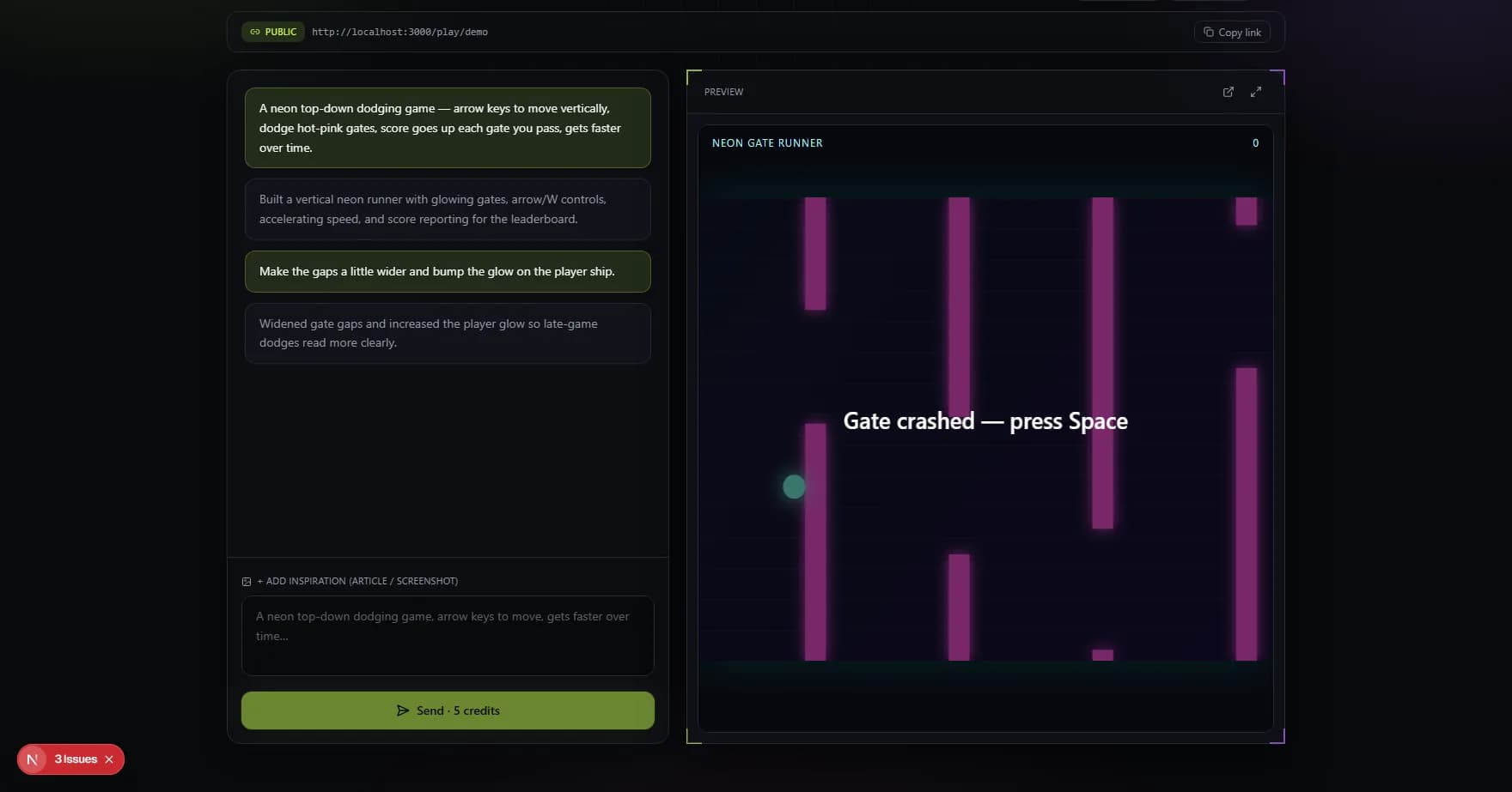 Game Forge editor with chat history, inspiration controls, send button, credit balance, and a neon gate runner preview in the live iframe
