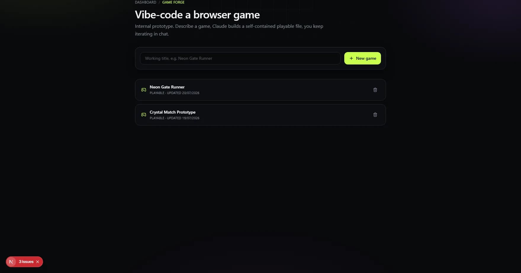 Game Forge home screen listing saved browser games with playable status, new-game form, and dashboard breadcrumb
