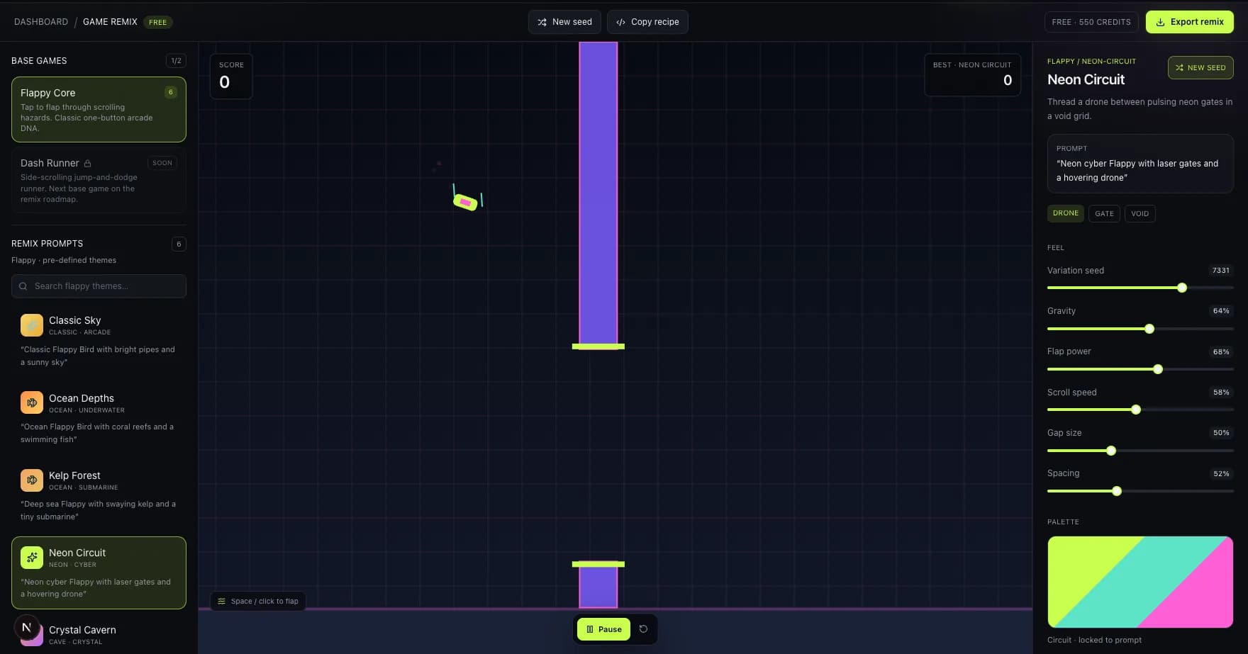 Game Remix Neon Circuit theme with drone player, laser gates, void grid background, base-game picker, and feel sliders