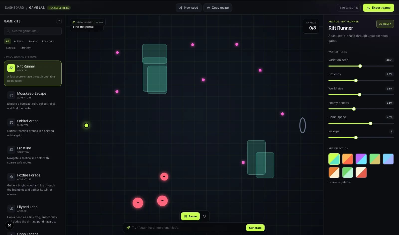 Game Lab showing the playable Rift Runner arena, game-kit library, deterministic seed, difficulty controls, and art palettes