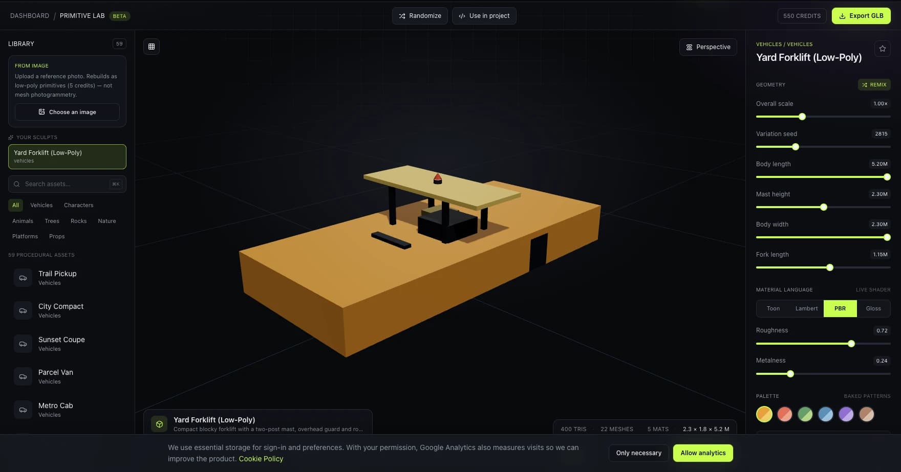 Primitive Lab studio showing a yard forklift photo reconstructed as a procedural low-poly vehicle with body and mast sliders