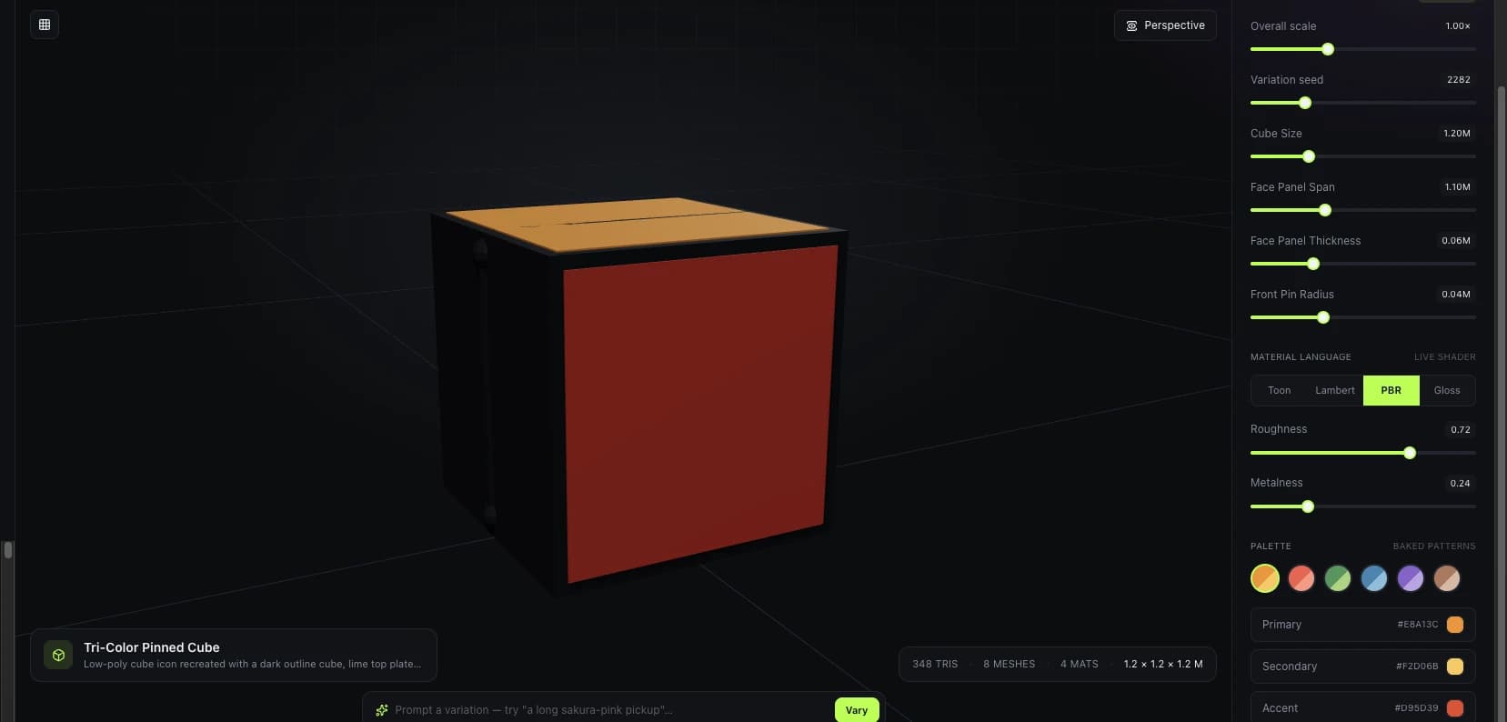 Primitive Lab studio showing the bunpav logo reconstructed as a chunky low-poly 3D emblem with an orange and red palette applied and generated sliders