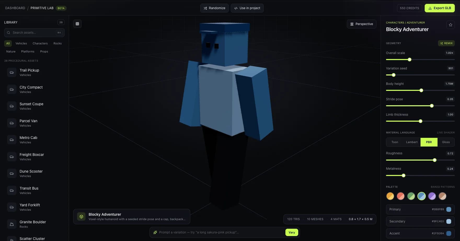 Primitive Lab displaying a blocky adventurer character in a seeded stride pose