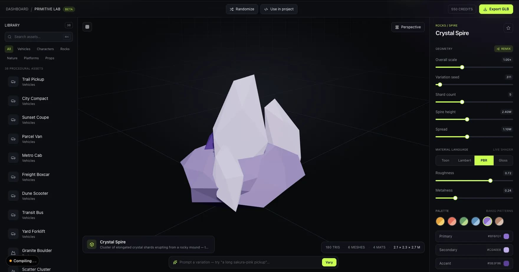 Primitive Lab displaying a 180-triangle low-poly crystal spire with a strong faceted silhouette
