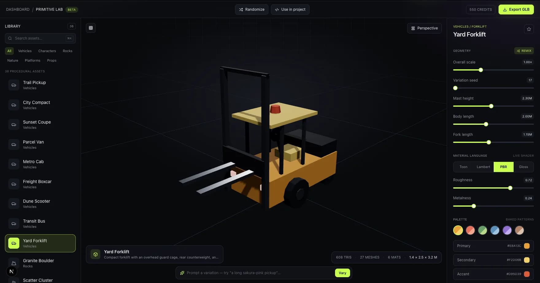 Primitive Lab displaying a low-poly yard forklift with a live 3D viewport and editable parameters