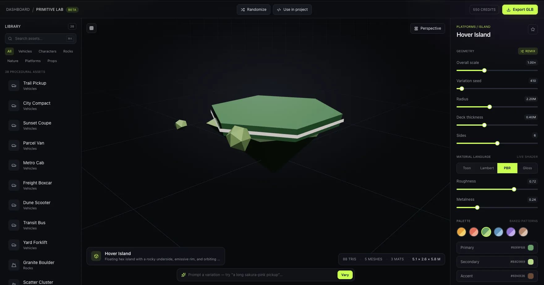 Primitive Lab studio showing a floating Hover Island asset — a chunk of layered rock with grass on top, rendered in the dark editor with lime accents, parameter sliders open on the right panel