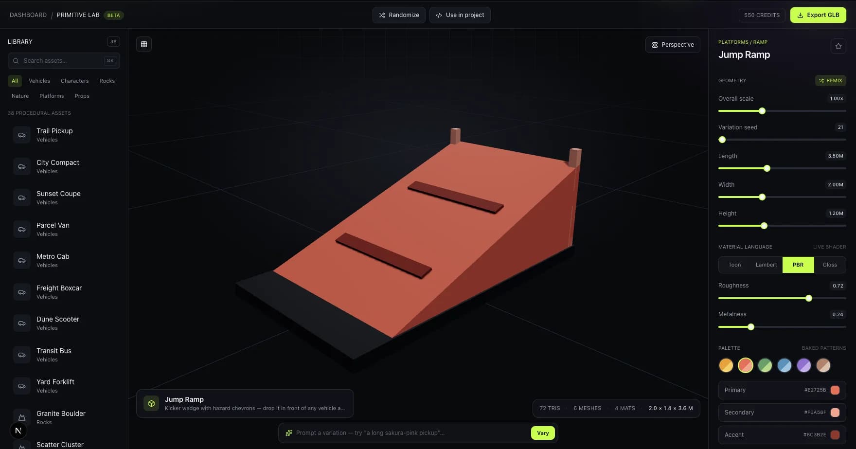 Primitive Lab displaying a 72-triangle low-poly jump ramp with hazard stripes
