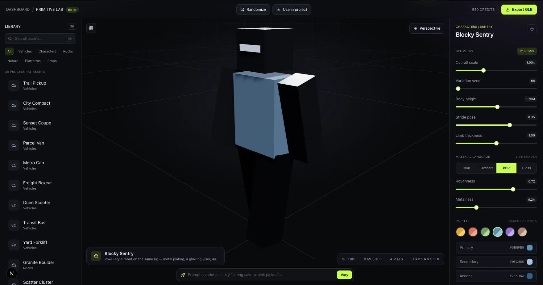 Primitive Lab displaying a blocky sentry robot character in the browser viewport