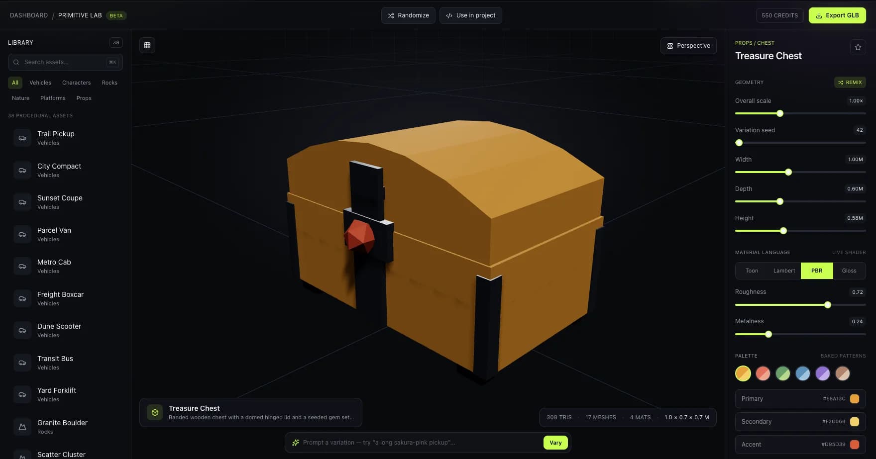 Primitive Lab displaying a low-poly treasure chest with geometry controls and a live 3D viewport