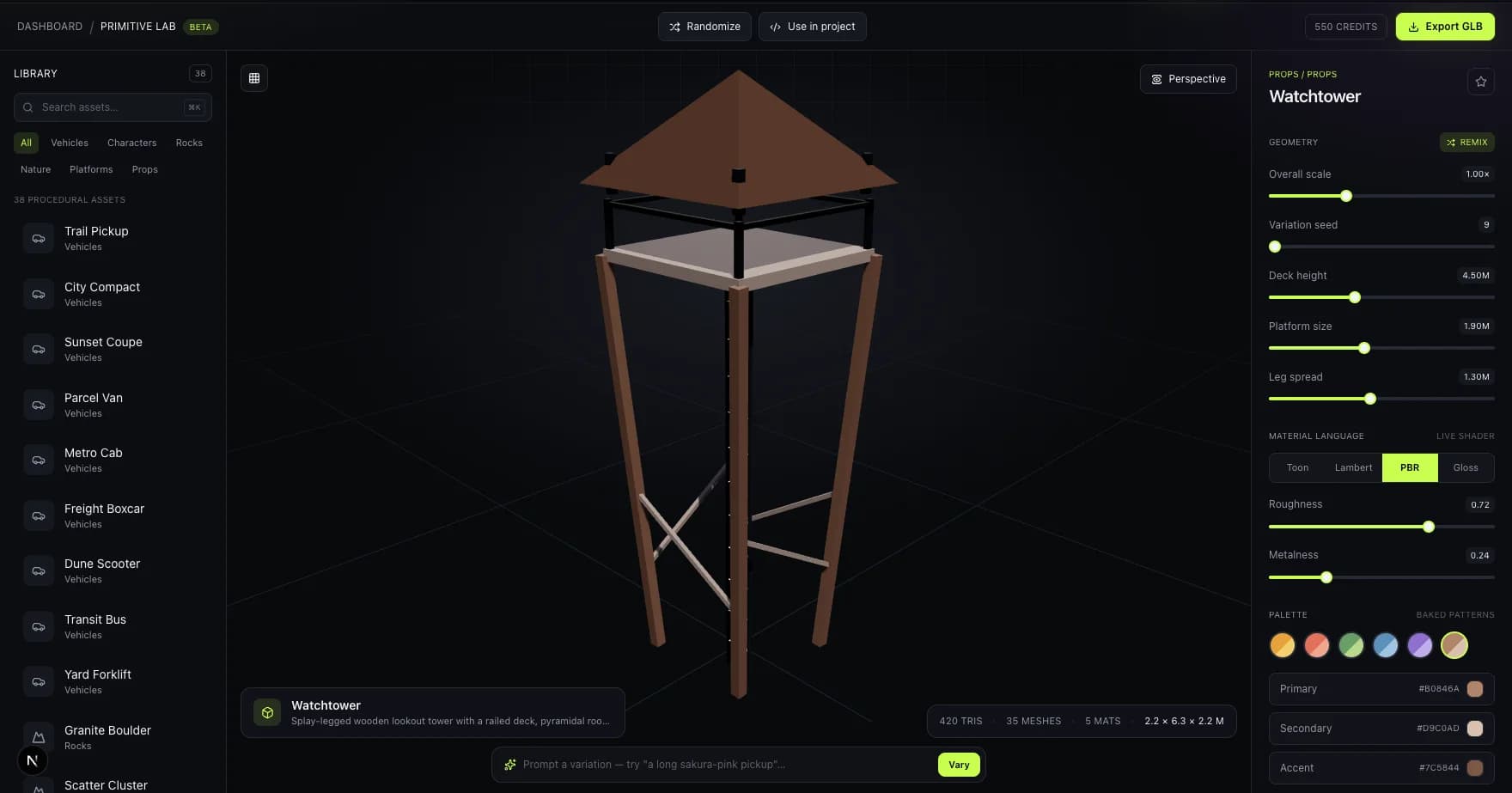 Primitive Lab displaying a low-poly wooden watchtower with live viewport, dimensions, and mesh statistics