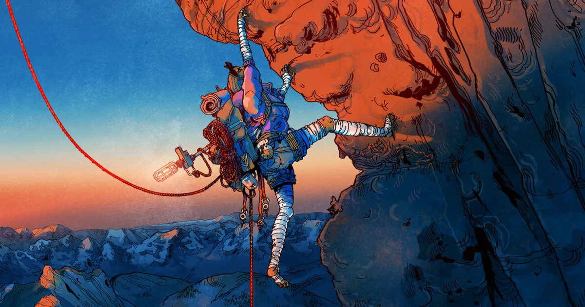 Aava hangs from an exposed rock face in official Cairn key art