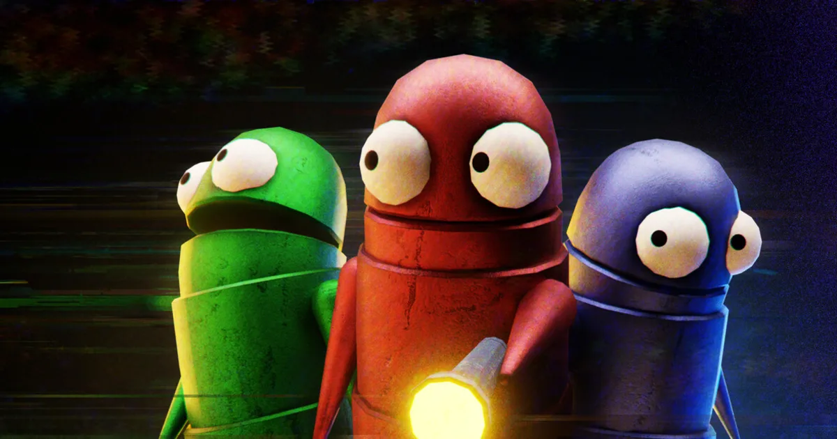 Three robot scavengers carry a flashlight in official R.E.P.O. key art