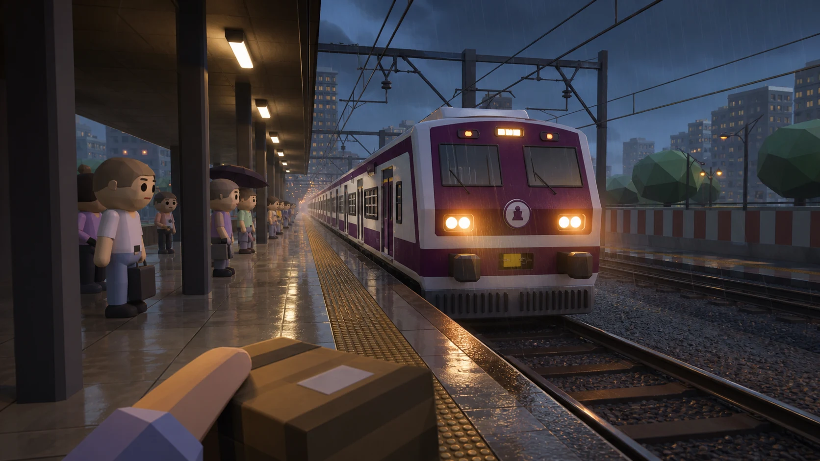 A courier holds a parcel as a Mumbai local train arrives in monsoon rain