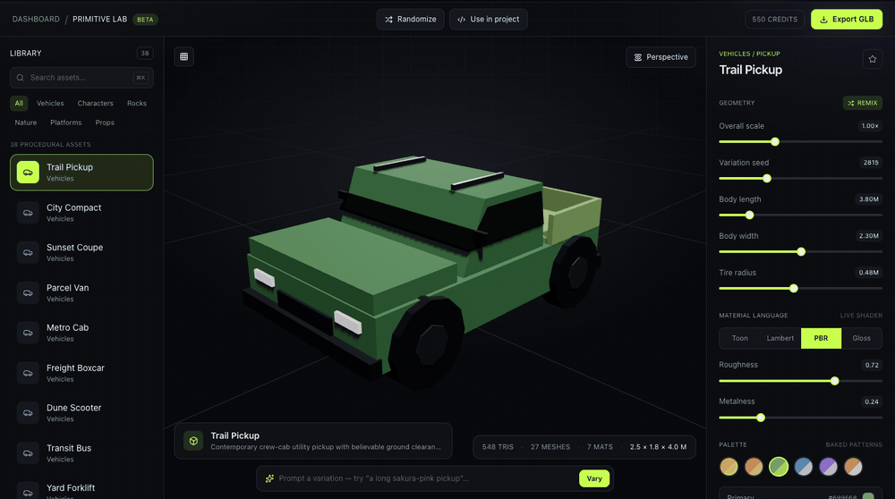 Animated capture of the Primitive Lab studio: geometry sliders sweep a low-poly pickup truck's body length, width, and tire radius while it rebuilds instantly, then palette swaps recolor it